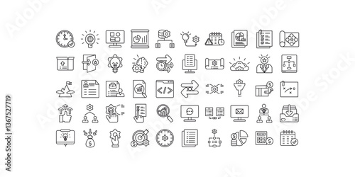 50 collection linear task  manager icon pack. thin line vector time management, creative thinking, dashboard, report, manager, etc. editable icon pack, eps file.