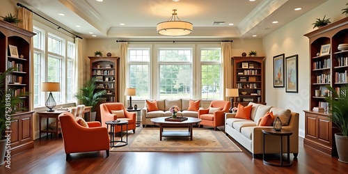 Bright spacious interior view of assisted living residence. Orange chairs, beige sofas provide comfortable seating near large windows. Dining tables, bookshelves add touch of home, quarter for