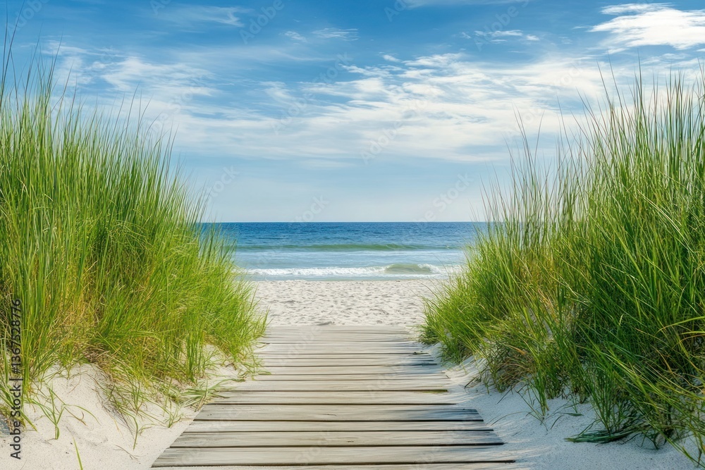 Fototapeta premium Beach grass framing a wooden boardwalk leading toward the sea.