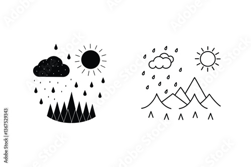 Weather Icons Sun, Rain, Clouds, Mountains, Simple, Minimalist, Black, White, Nature, Design