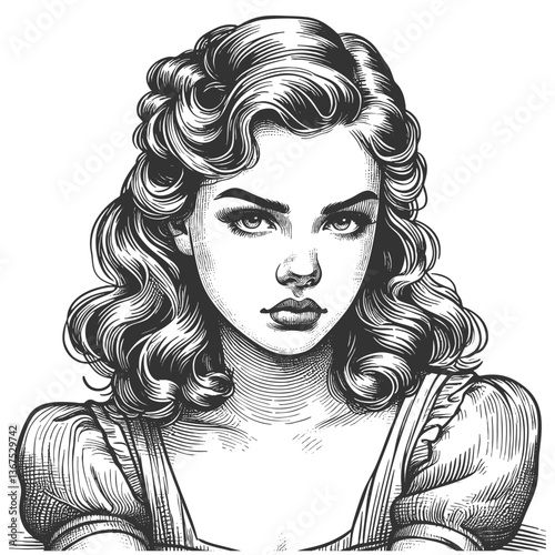 young woman with voluminous curls, strong gaze, and vintage-style dress sketch engraving generative ai fictional character vector illustration. Scratch board imitation. Black and white image.