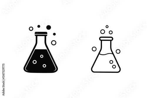 Science Experiment Icons Erlenmeyer Flasks, Bubbles, Chemistry Lab