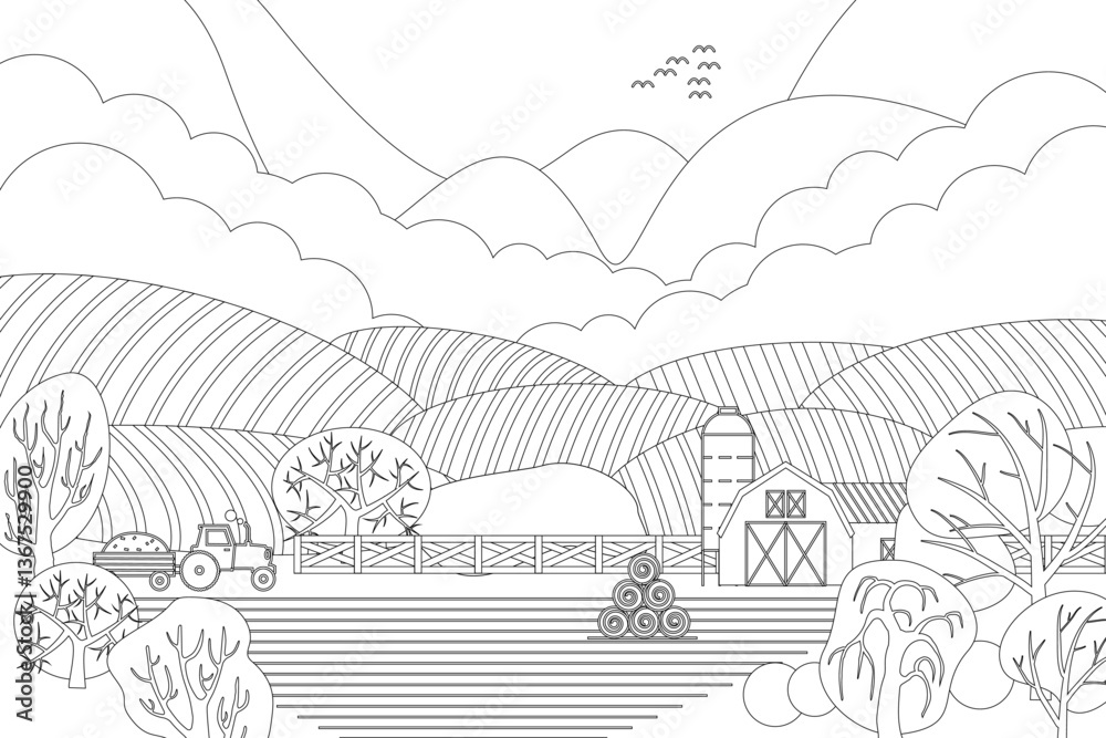 Fototapeta premium Minimalist black and white line art of a rural landscape with hills, a barn, a tractor, trees, and fields. Farm, agriculture, countryside, and nature-themed designs