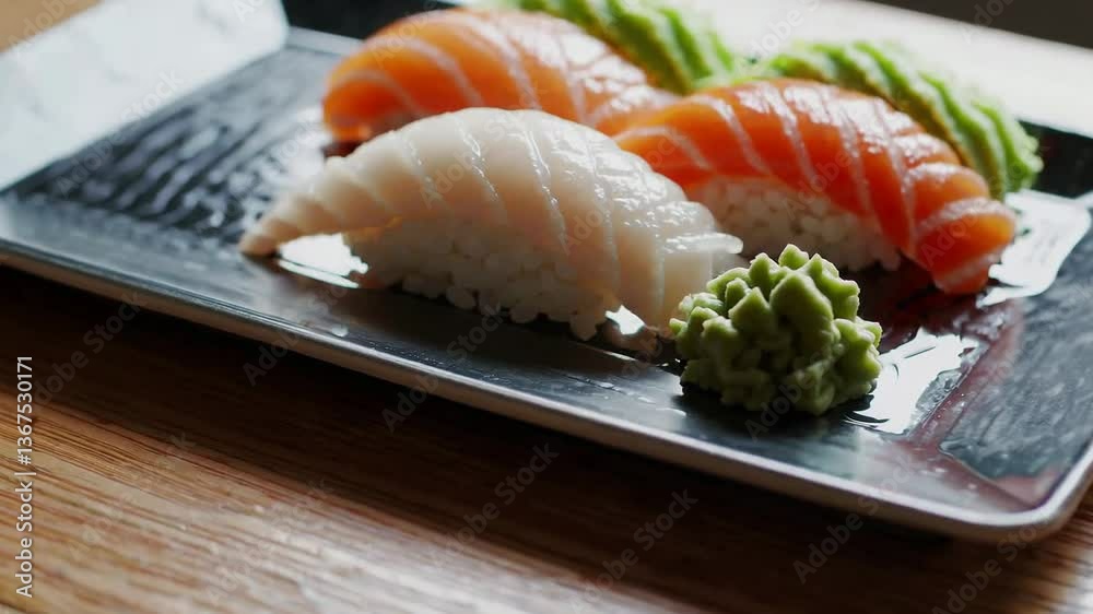 Closeup rotating sushi platter with fresh salmon and wasabi on wooden table Closeup rotating sushi platter with fresh salmon and wasabi on wooden table