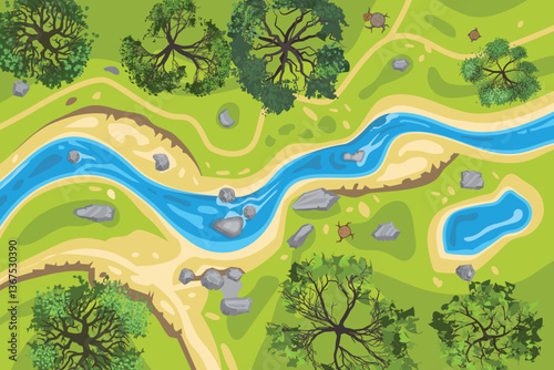 Top view of the blue river with sandbanks winding through a green field and forest with deciduous trees, yellow paths, grey stones and little blue pond. View from above. Aerial. Background.