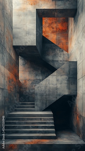 Industrial Concrete Staircase Phone Wallpaper  Textured Design with Orange Accents | HD Mobile Theme

