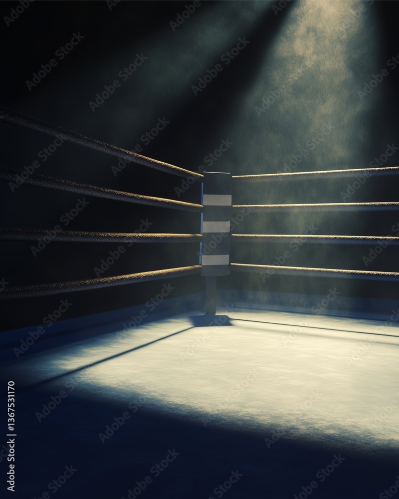 Obraz premium Echoes of the Arena: An evocative shot of an empty boxing ring, its ropes gleaming under dramatic lighting, and mist in the air creating atmosphere.