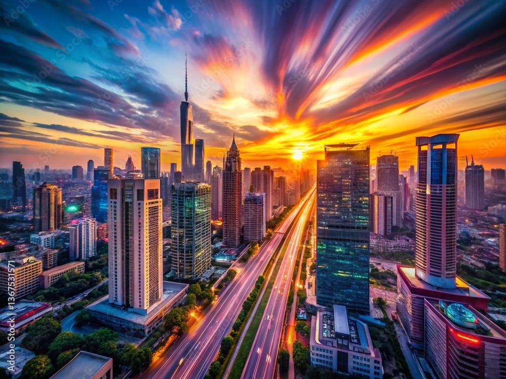 Fototapeta premium Dynamic Aerial Cityscape: Motion Blur Effect