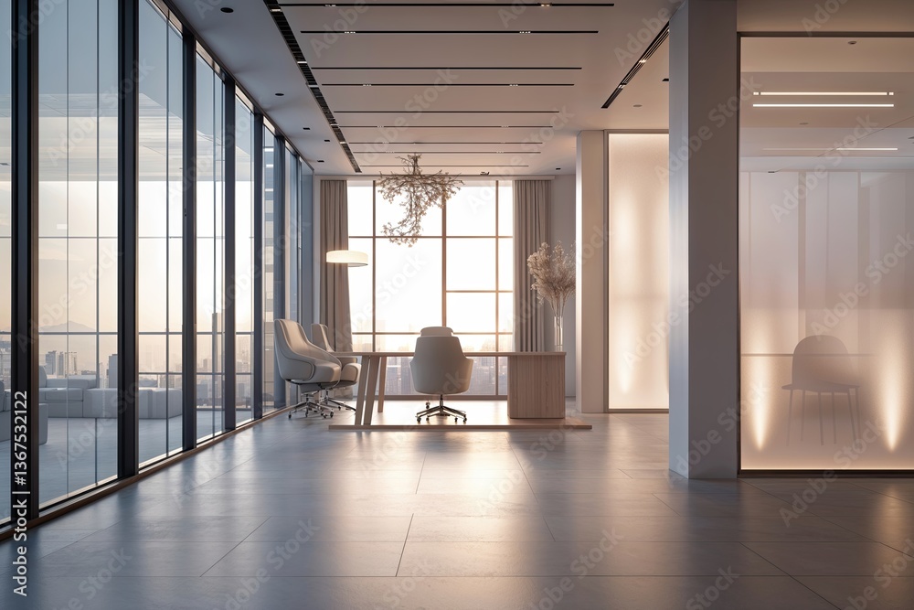 Fototapeta premium Stylish Contemporary Office Interior with Soft-Focus Backdrop Floor-to-Ceiling Windows and Elegant Lighting