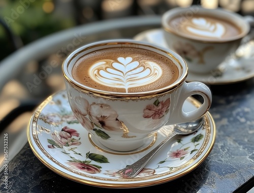 Elegant Coffee Cup with Intricate Latte Art on Vintage Floral China Set in a Cozy Café Ambiance
