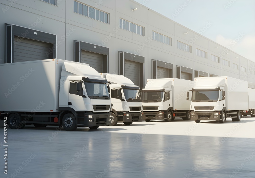 Fototapeta premium Row of Delivery Trucks Parked at Loading Dock Ready for Shipment