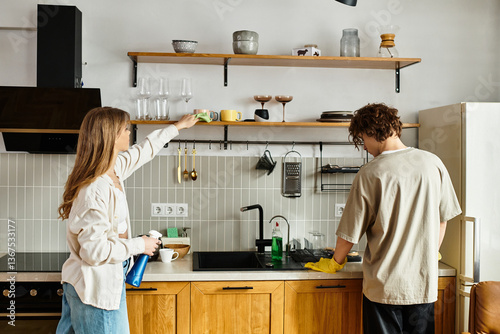 Foto Young couple sharing domestic bliss while tidying up their modern kitchen space