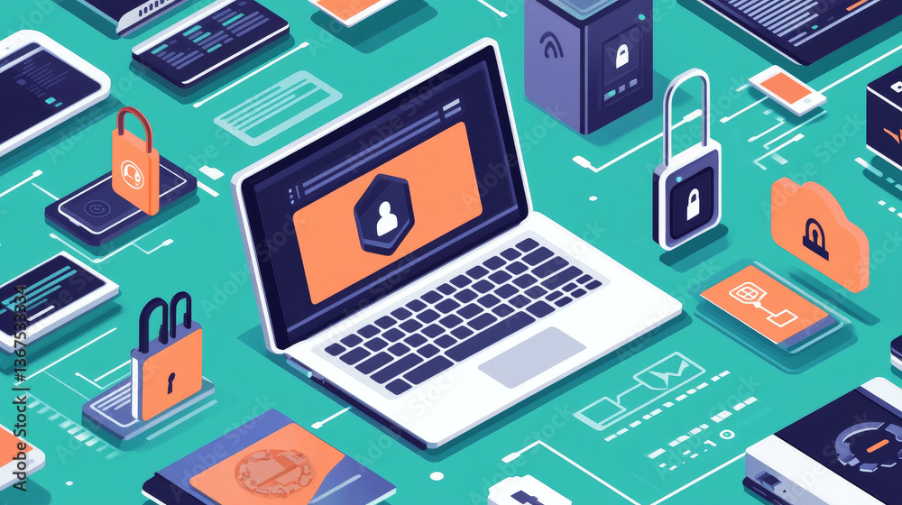 Isometric personal data protection web banner concept. Cyber security and privacy. Traffic Encryption, VPN, Privacy Protection Antivirus. Vector illustration. Isometric personal data protection web banner concept. Cyber security and privacy. Traffic Encryption, VPN, Privacy Protection Antivirus. Vector illustration.
