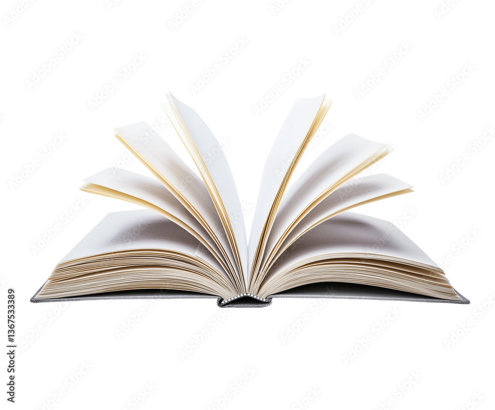 Open book lies flat on white isolated background, pages fanned invitingly. Symbolizes knowledge, learning, education. Classic hardcover book perfect for study concepts or literature themes Open book lies flat on white isolated background, pages fanned invitingly. Symbolizes knowledge, learning, education. Classic hardcover book perfect for study concepts or literature themes
