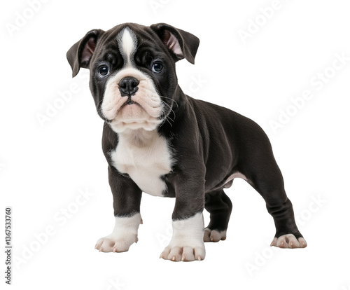 American bully puppy stands alert on white background, charming yet serious expression. Adorable black and white bully pup, perfect for pet care promotions or breed specific content. Young bully isola
