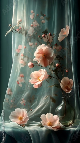 Elegant Pink Flowers Phone Wallpaper  Soft Flowing Fabrics & Glass Vase | HD Mobile Theme

