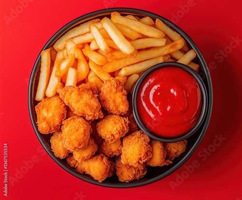 Delicious Golden Chicken Nuggets Served with Crispy French Fries and Tangy Ketchup on a Bold Red Background
