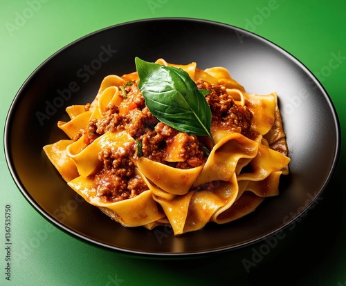 Delicious Homemade Lasagna with Rich Meat Sauce Served on a Black Plate Against a Green Background
