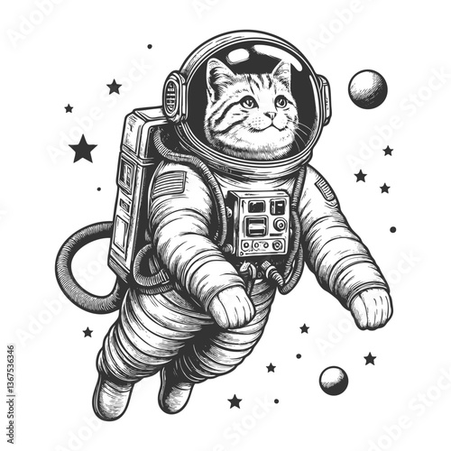astronaut cat floating in space vector illustration