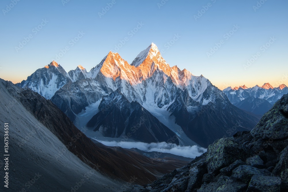 Obraz premium Majestic Peaks at Dawn Overlooking Serene Valley Landscape