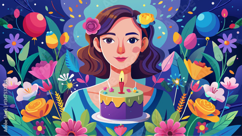 Dreamy Birthday Portrait with Flowers and Cake