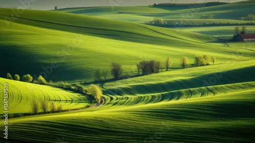 Rolling Green Hills at Sunrise  A Serene Landscape of Nature's Tranquility on beautiful greenery background