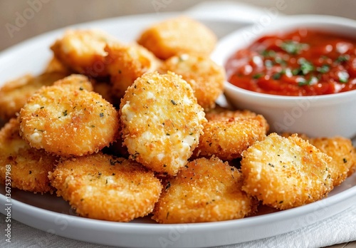 Crispy Golden Chicken Nuggets Served with Tangy Marinara Sauce on a Rustic Table
