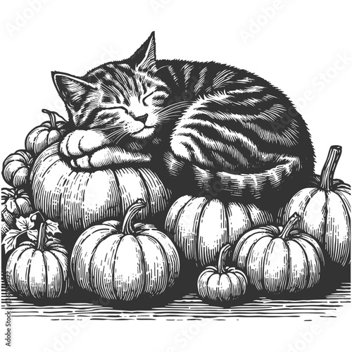 Sleeping Cat Resting Peacefully on Autumn Pumpkins