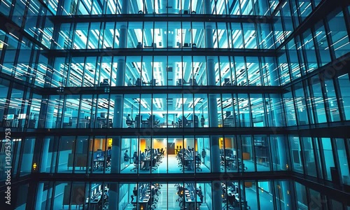 Office windows with night lights, people working late hours, night shifts 