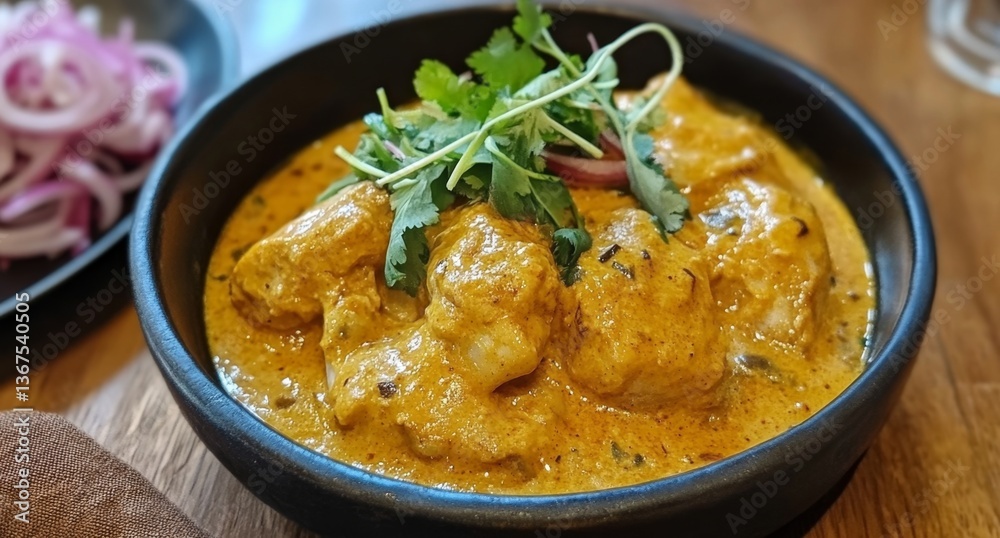 Creamy Indian Chicken Curry in Bowl on Wooden Table with Side Dish Creamy Indian Chicken Curry in Bowl on Wooden Table with Side Dish