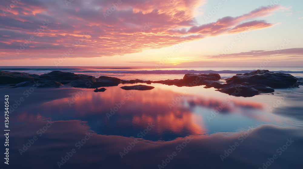 Fototapeta premium Minimalist beach landscape sunrise with rocks and clouds reflection