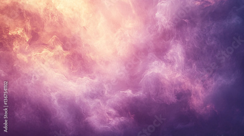 Ethereal purple and yellow smoke gently ascending into the sky creating a dreamlike atmosphere during a serene sunrise moment.