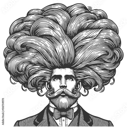 gentleman with an incredibly large, curly hairstyle, blending humor, surrealism, and vintage artistic style sketch engraving generative ai vector illustration. Scratch board. Black and white image.