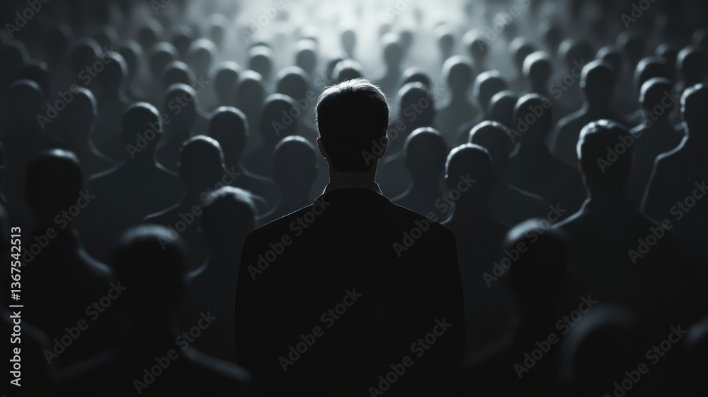 Obraz premium Colorful silhouette of person standing in monochrome crowd of different people,surreal unique and different concept,loneliness in society,shadow,freedom,Love,be yourself,Stand out from the crowd.