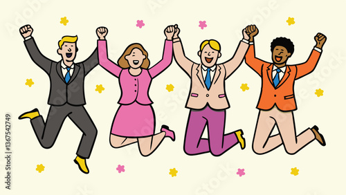Business Team Success. Vector illustration in flat style of a diverse group of people jumping for joy. Isolated on background with festive tinsel
