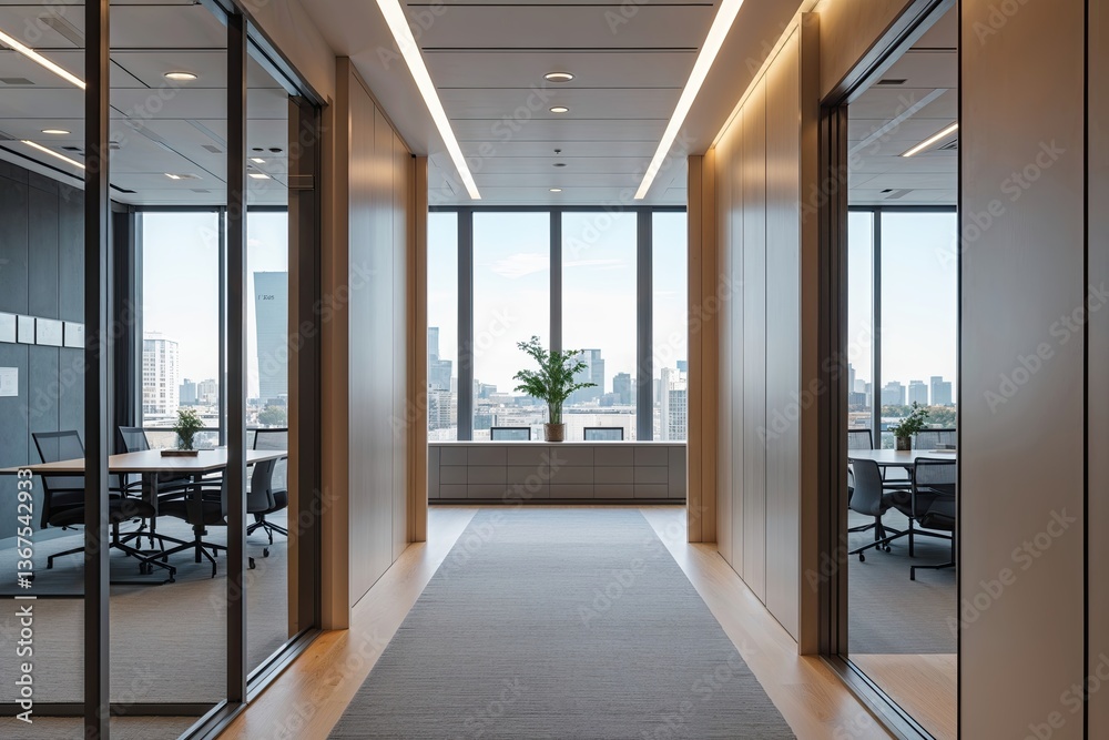 Fototapeta premium Contemporary Minimalist Office Hallway Featuring Spacious Window and Conference Room Design