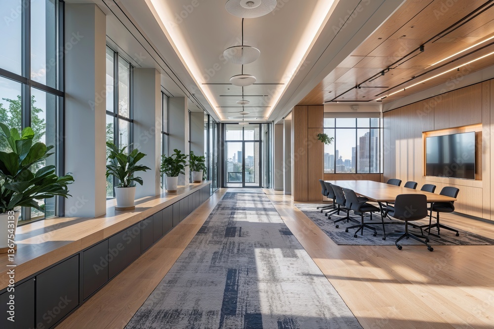 Fototapeta premium Contemporary Office Corridor Design Featuring Bright Spaces and Functional Conference Room