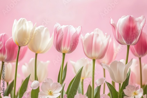 A beautiful display of pink and white tulips against a soft pink background creating a floral arrangement
