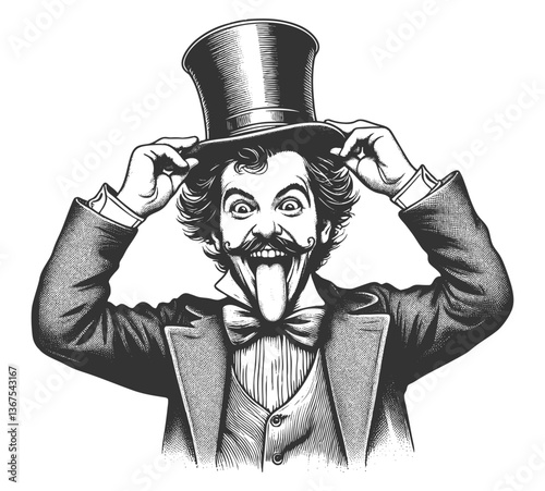 Silly stupid facial expression gentleman with curled mustache and top hat sticking out his tongue sketch engraving generative ai vector illustration. Scratch board imitation. Black and white image.