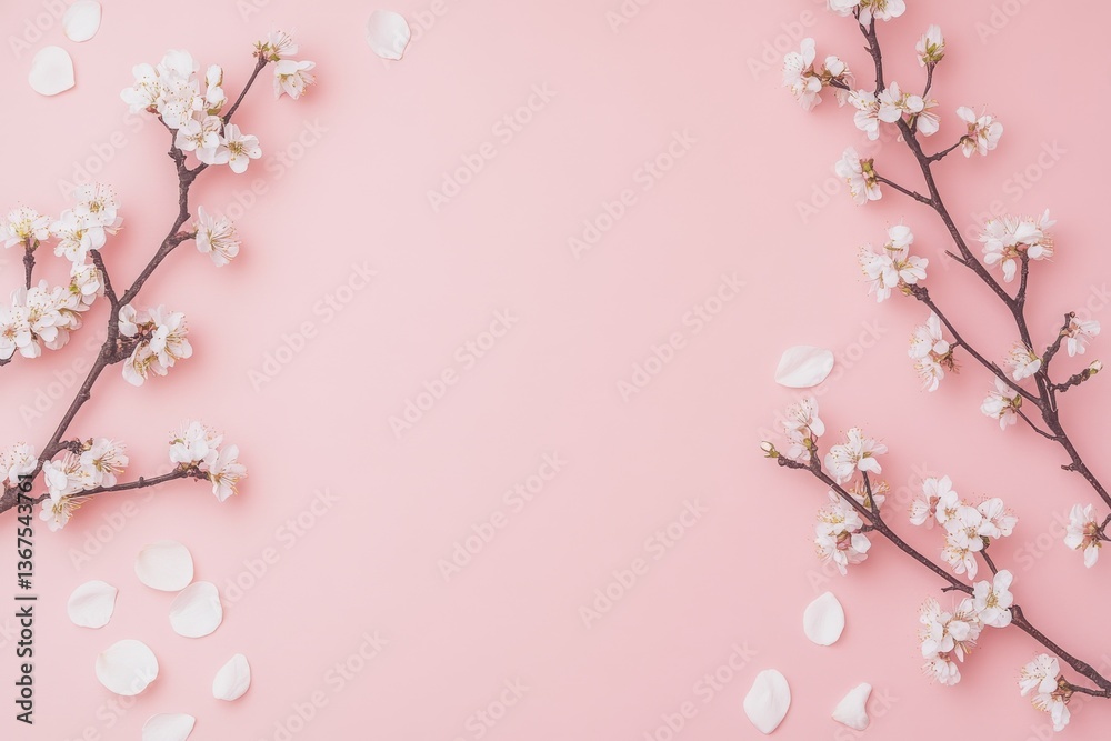 Fototapeta premium Delicate cherry blossom branches framing a soft pink background with scattered white petals creating a serene scene