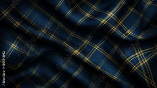 Flowing Blue Fabric with Yellow Plaid Pattern and Smooth Texture