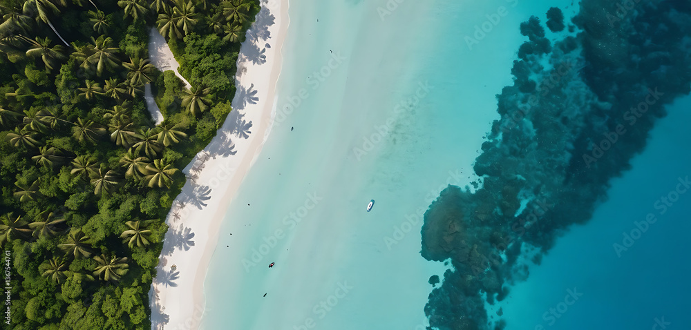Aerial View of Tropical Beach with Palm Trees and Turquoise Ocean
