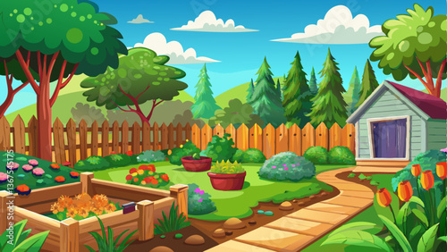 vector of picturesque backyard where fresh planting beds line a sturdy wooden fence