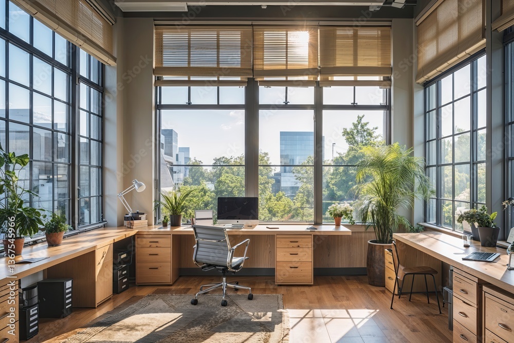Fototapeta premium Sustainable Office Design with Ample Natural Light and Large Windows