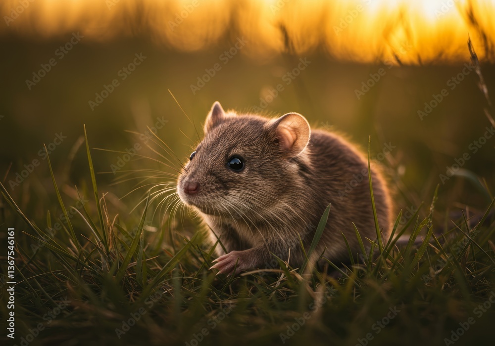 Charming mouse portrait in a field basking in golden light at sunset Charming mouse portrait in a field basking in golden light at sunset