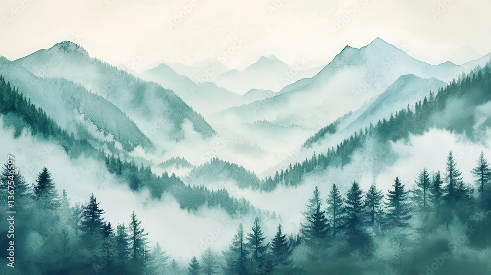 Fototapeta premium Watercolor of landscape forest misty mountains horizon and fog and hills,pine tree fir tree,Autumn forest background,drawn by hand,Autumn illustration design elements for landscape,wallpaper.