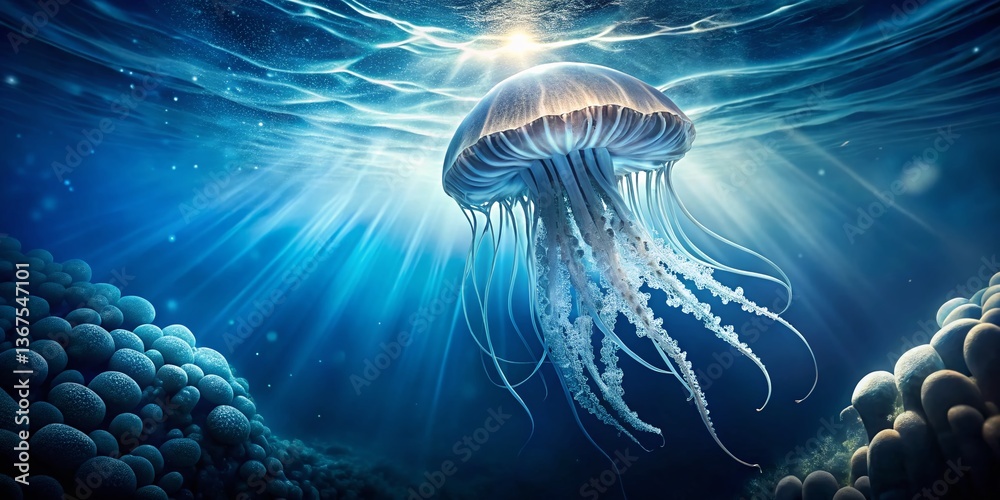 Obraz premium Elegant Mediterranean Jellyfish Slow Motion 4K Double Exposure Ocean Scene