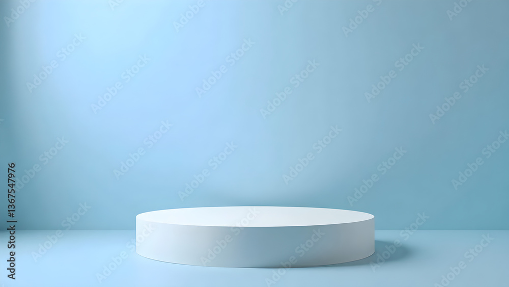 3D Studio Template: White Round Pedestal on Light Blue Background for Product Advertising
