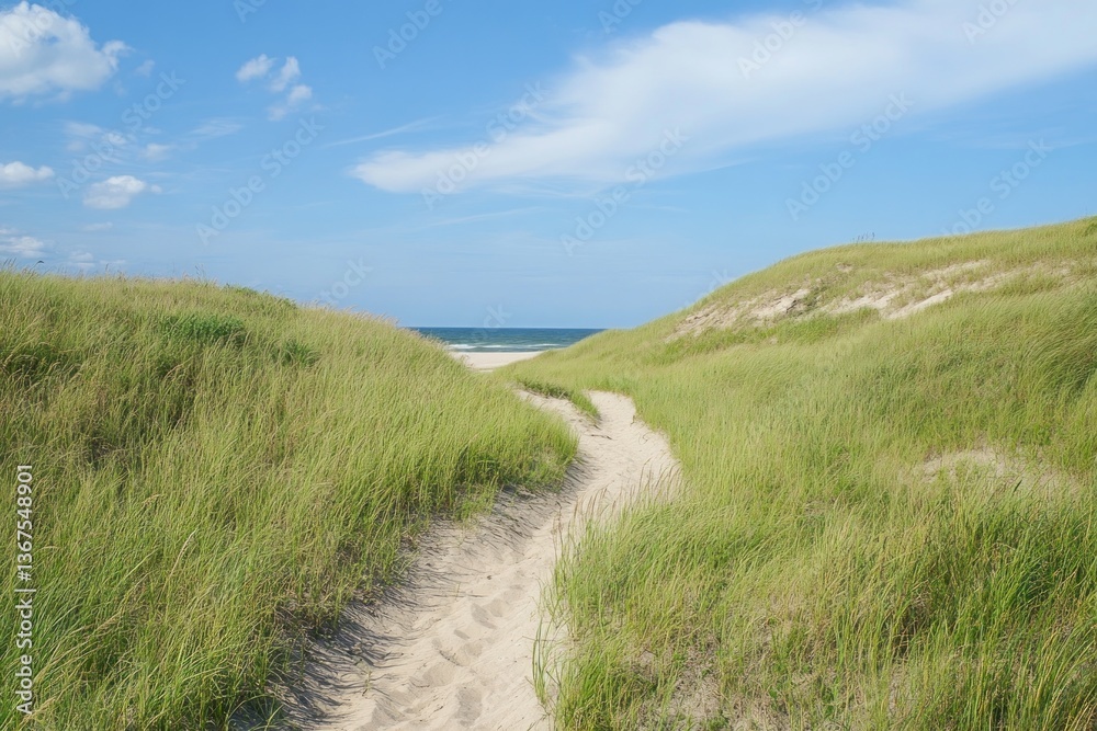 Fototapeta premium Towering dunes with a narrow sandy trail winding through lush beach grass.