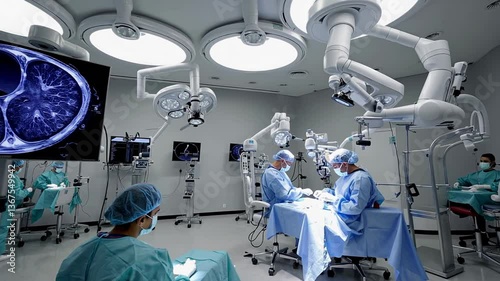 Surgeons performing robotic surgery in modern operating room